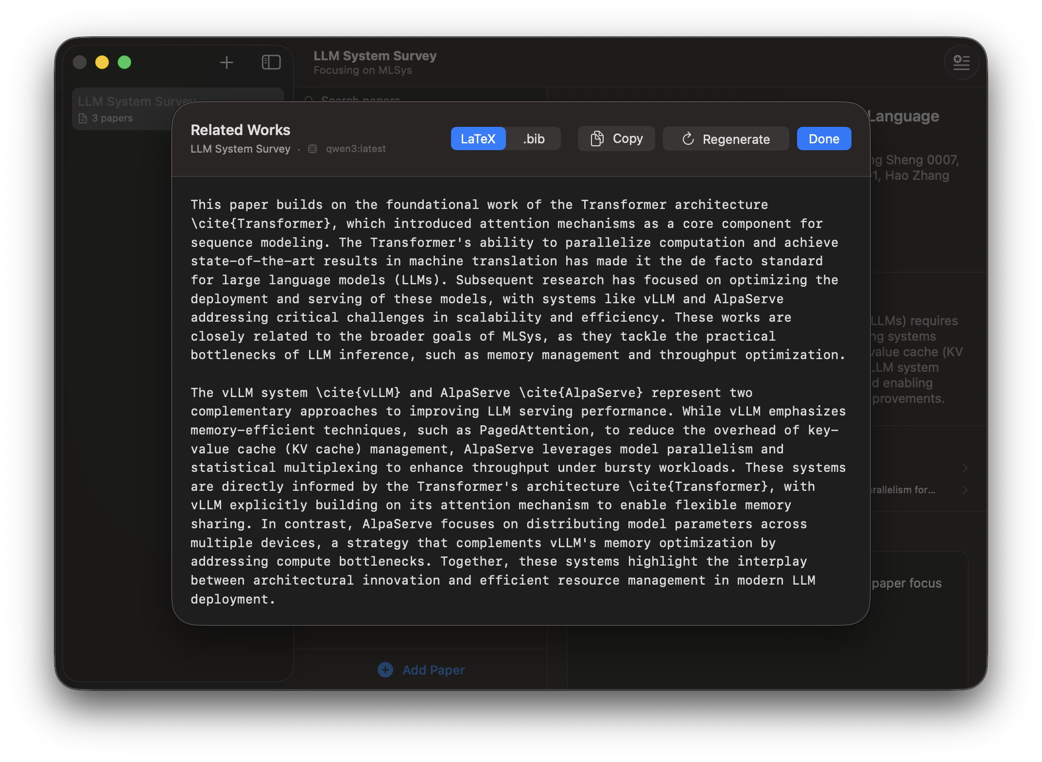 Generated Related Works section in LaTeX