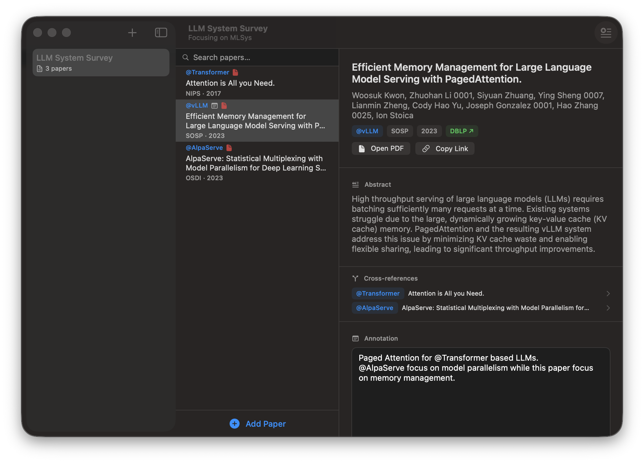Main interface with paper list, annotations, and cross-references
