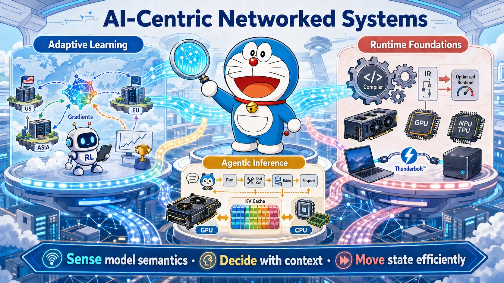 Doraemon presenting the lab's research in adaptive learning, agentic inference, and runtime foundations
